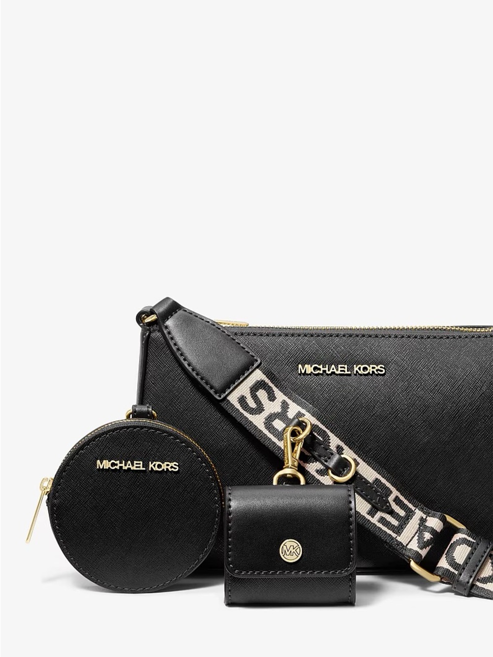 Michael Kors Black Leather Crossbody Trio Set with Gold Hardware